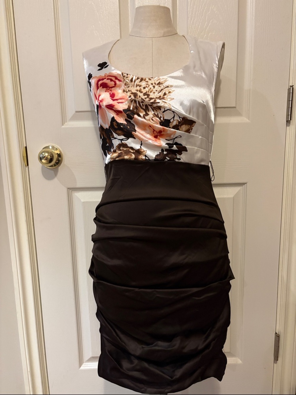Floral Satin Bodice & Brown Ruched Sheath Dress